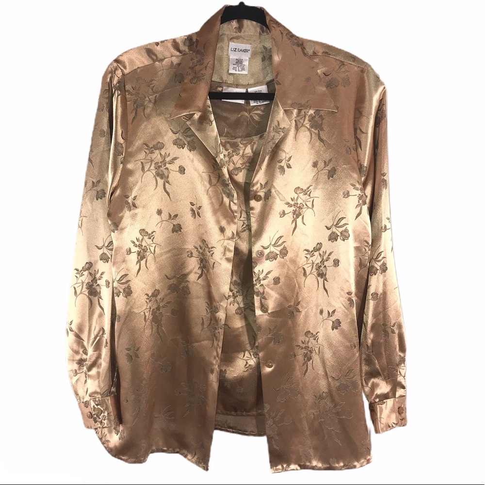Vintage 2 Piece Gold Satin Floral Button Up Blouse & Matching Tank Top Size L